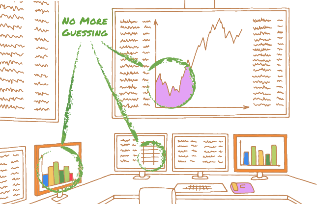 Hand drawn image of the inside of an office with computer screens displaying graphs and text that reads: "No more guessing"